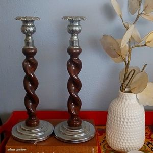 Antique Wooden Barley Twist Candlesticks
